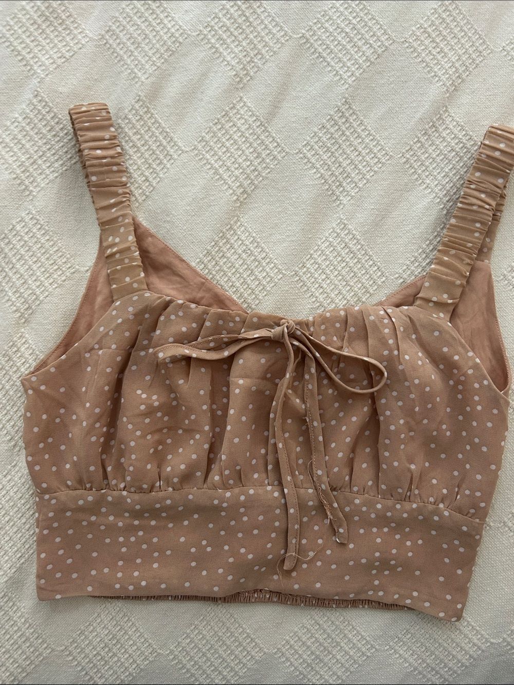 Style Rack Polka Dot Tie-Front Crop Top in Dusty Beige small